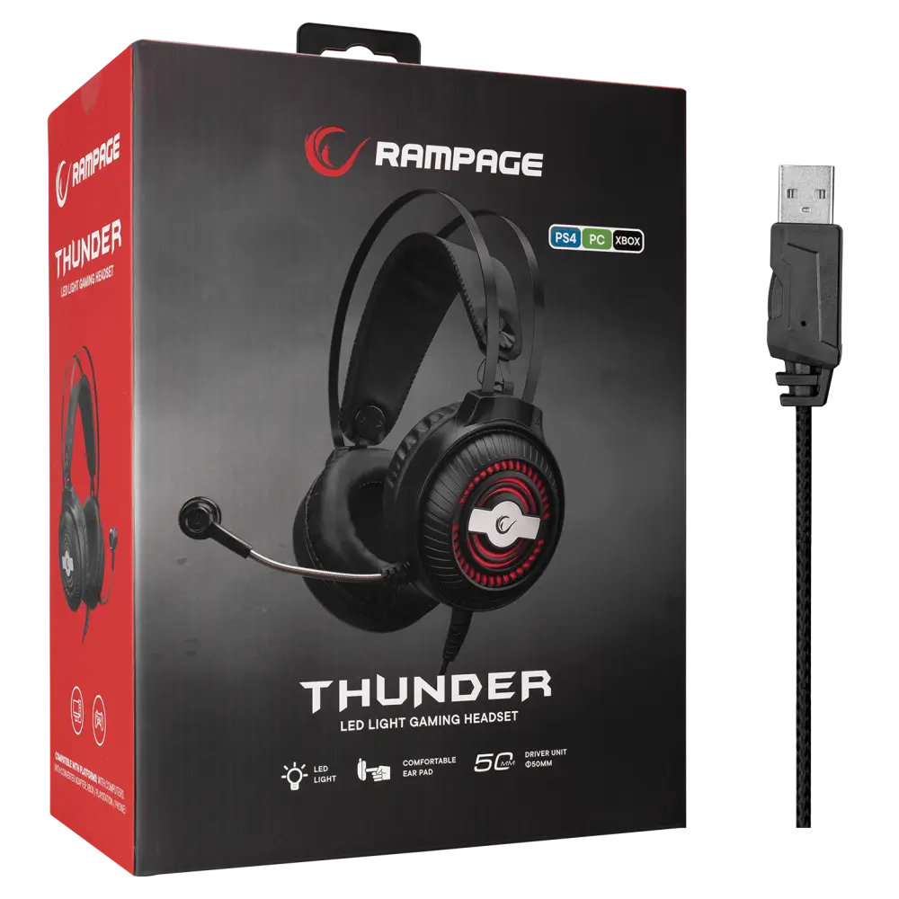 Casti Gaming Rampage RM-K29 THUNDER, Iluminare RGB, 3.5 mm Jack&USB, Microfon Noise Cancelling, Negru