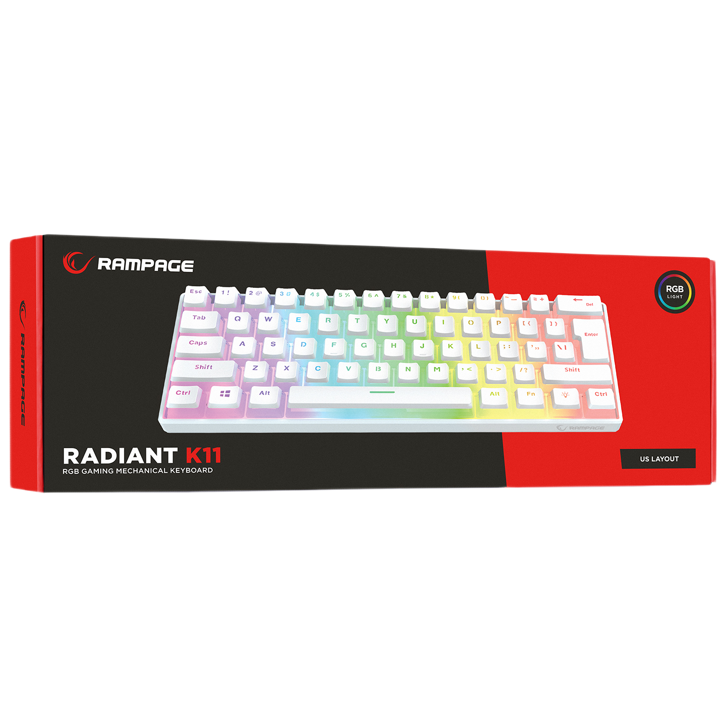 Tastatura Mecanica de Gaming Rampage RADIANT K11, Red Switches, 61 Taste, Iluminare RGB, Full Keys Anti-Ghosting, Pudding Keycaps, USB-C, Layout US, Alb