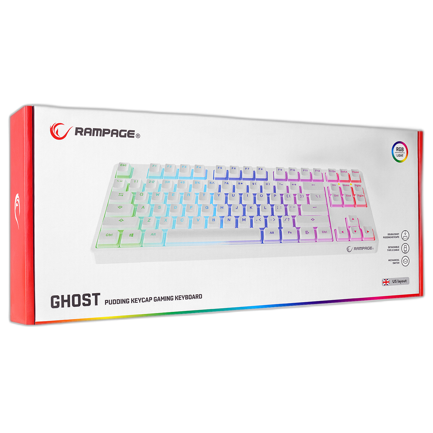 Tastatura Mecanica de Gaming Rampage KB-R136 GHOST, Pudding Keycaps, 18 moduri iluminare RGB, Red Switches, 87 Taste, Programabil, 1000Hz, Anti-Ghosting, USB-C, Layout US, Alb