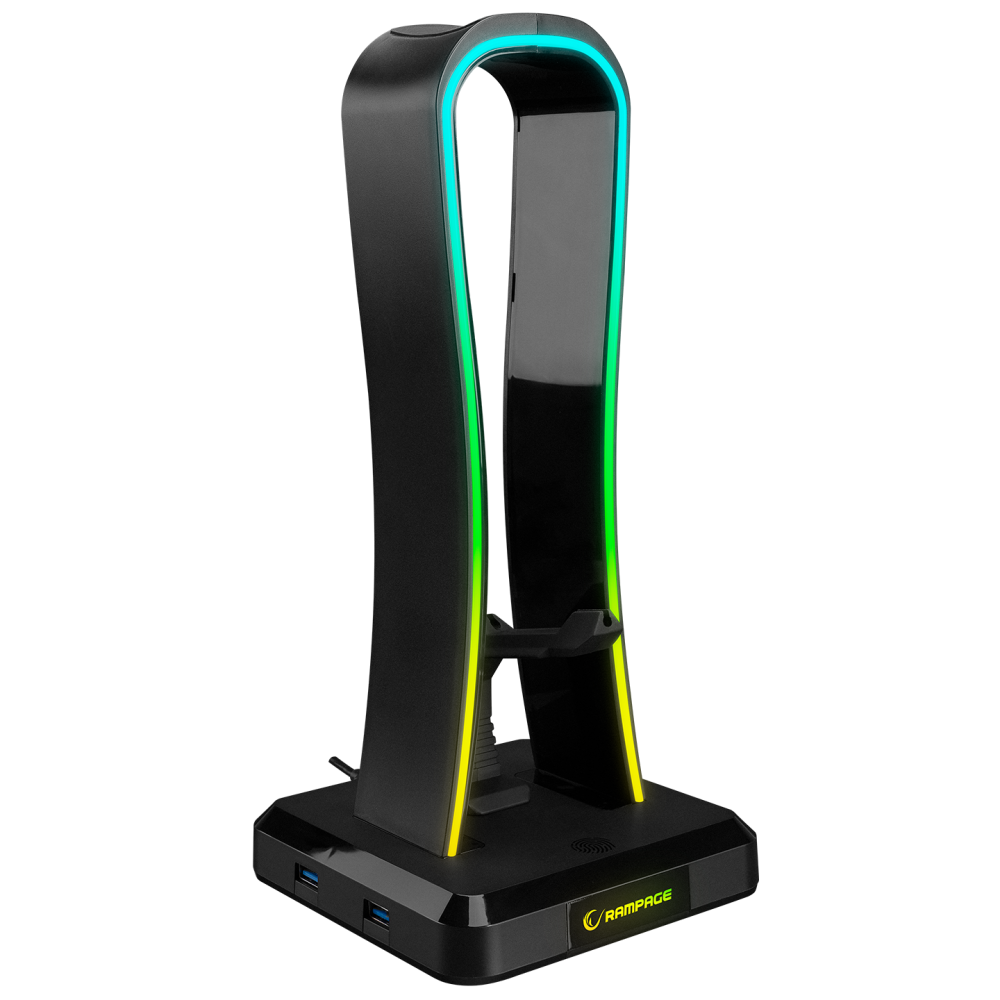 Suport Casti Rampage RM-H77 X-BASE, Iluminare RGB, cu 4 porturi USB, Suport pentru cablul mouse-ului, Negru