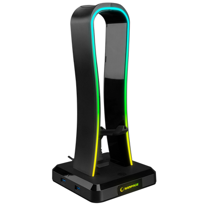 Suport Casti Rampage RM-H77 X-BASE, Iluminare RGB, cu 4 porturi USB, Suport pentru cablul mouse-ului, Negru