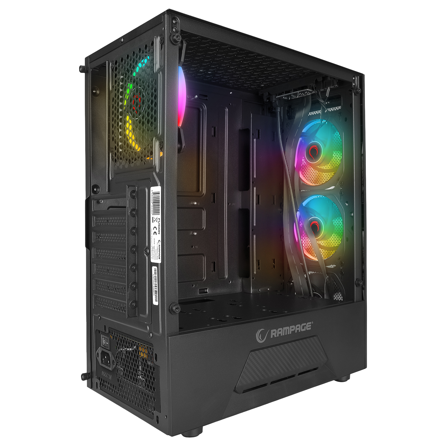 Carcasa Rampage FUSION, Sursa 650W, 80 PLUS BRONZE, Mid-Tower, Iluminare LED Rainbow, Tempered Glass, ATX, Negru