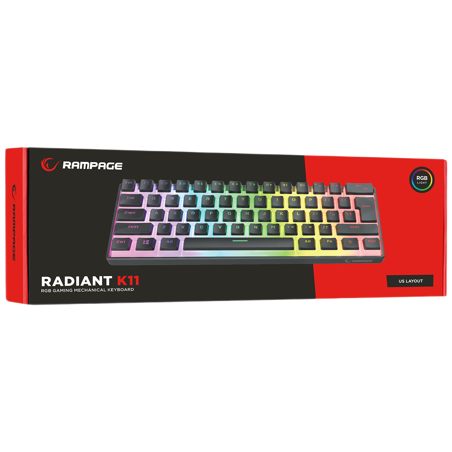 Tastatura Mecanica de Gaming Rampage RADIANT K11, Red Switches, 61 Taste, Iluminare RGB, Full Keys Anti-Ghosting, Pudding Keycaps, USB-C, Layout US, Negru