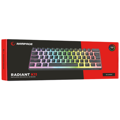 Tastatura Mecanica de Gaming Rampage RADIANT K11, Red Switches, 61 Taste, Iluminare RGB, Full Keys Anti-Ghosting, Pudding Keycaps, USB-C, Layout US, Negru