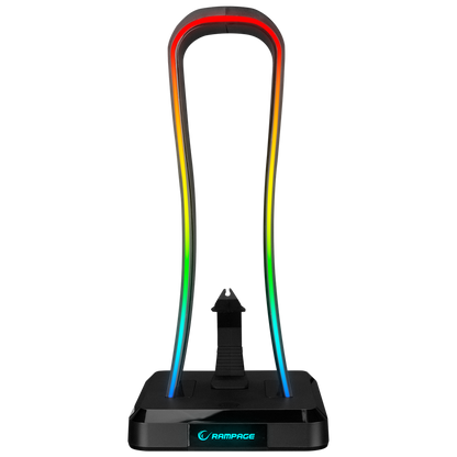 Suport Casti Rampage RM-H77 X-BASE, Iluminare RGB, cu 4 porturi USB, Suport pentru cablul mouse-ului, Negru