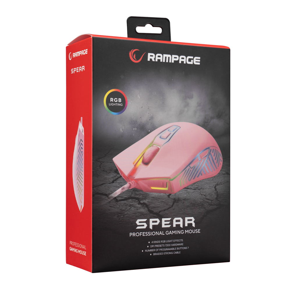 Mouse gaming Rampage SMX-G68 SPEAR, Iluminare RGB, 7200 DPI, 7 Butoane, Programabil, Pink