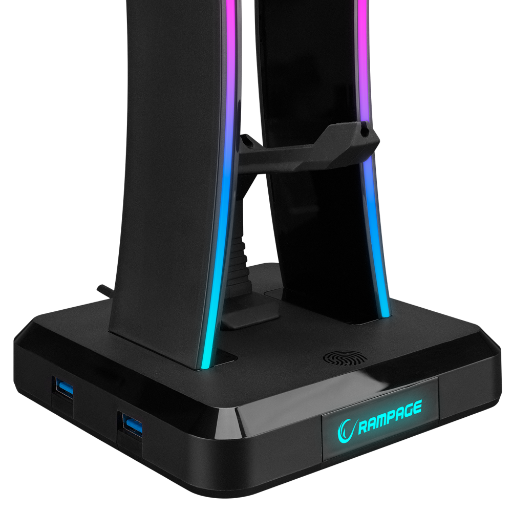 Suport Casti Rampage RM-H77 X-BASE, Iluminare RGB, cu 4 porturi USB, Suport pentru cablul mouse-ului, Negru