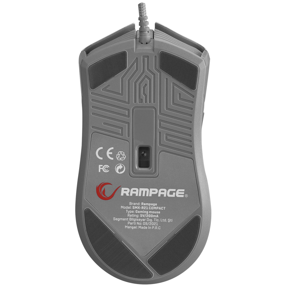 Mouse gaming Rampage SMX-R21 COMPACT, Iluminare RGB, Senzor Instant A825, 7200 DPI1000Hz, 7 Butoane, Programabil, AlbGri