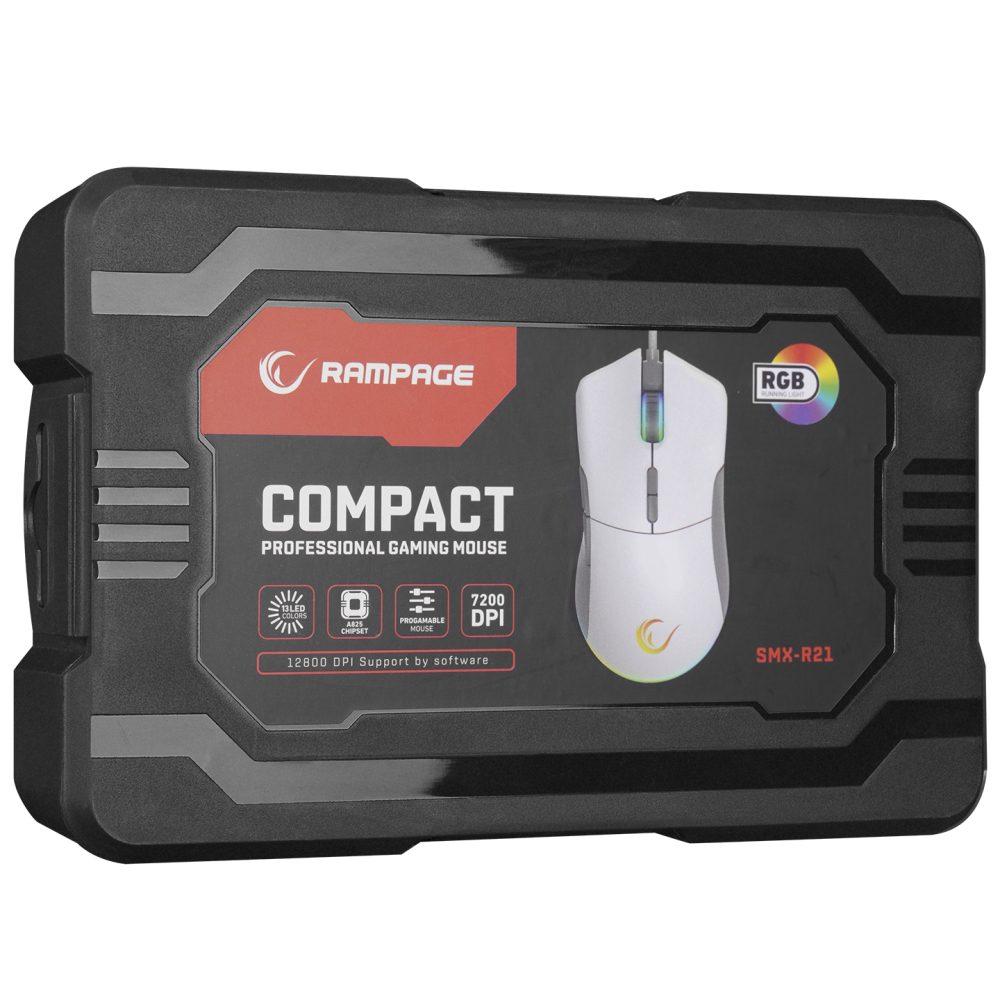 Mouse gaming Rampage SMX-R21 COMPACT, Iluminare RGB, Senzor Instant A825, 7200 DPI1000Hz, 7 Butoane, Programabil, AlbGri