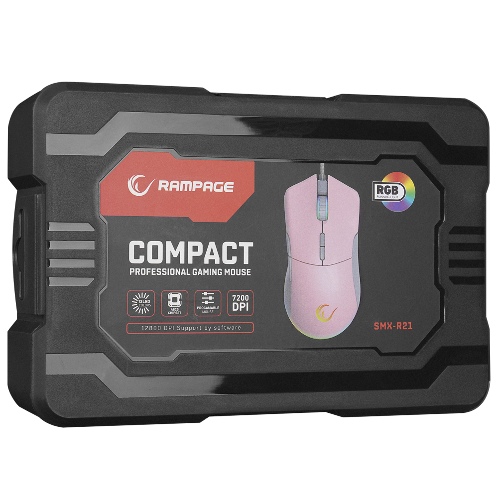 Mouse gaming Rampage SMX-R21 COMPACT, Iluminare RGB, Senzor Instant A825, 7200 DPI1000Hz, 7 Butoane, Programabil, PinkGri