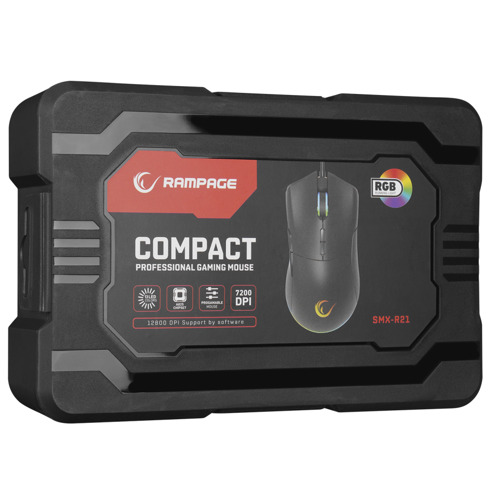 Mouse gaming Rampage SMX-R21 COMPACT, Iluminare RGB, Senzor Instant A825, 7200 DPI1000Hz, 7 Butoane, Programabil, Negru