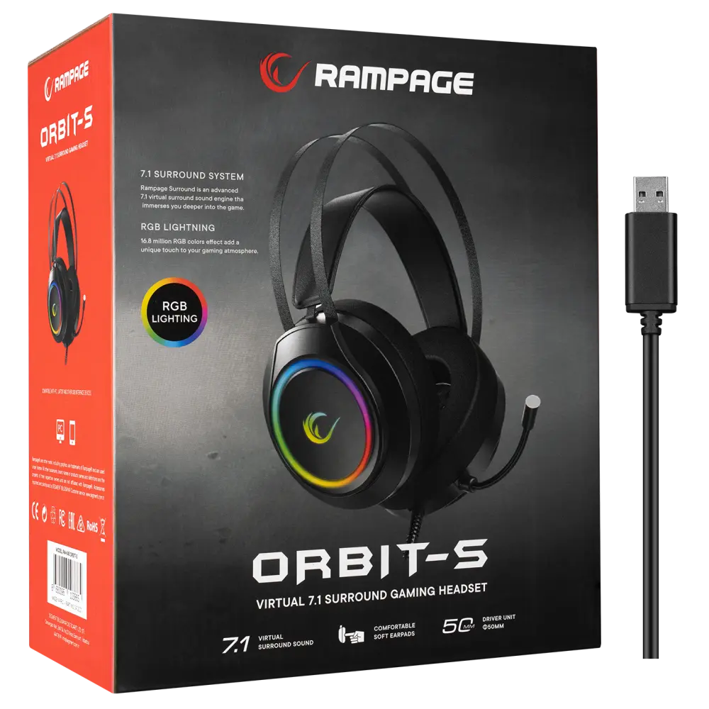 Casti Gaming Rampage RM-K45 ORBIT-S, Virtual 7.1 surround, Iluminare RGB, USB,Negru