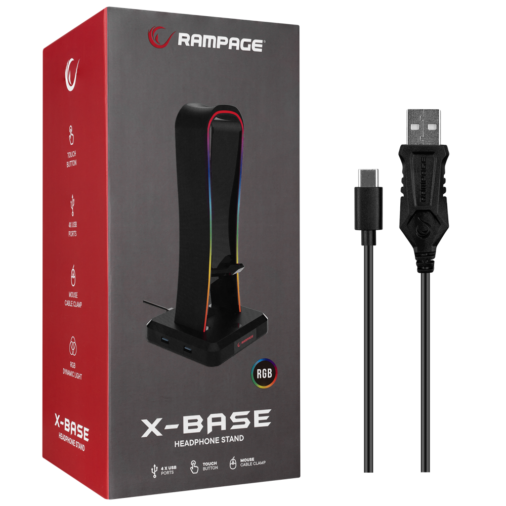 Suport Casti Rampage RM-H77 X-BASE, Iluminare RGB, cu 4 porturi USB, Suport pentru cablul mouse-ului, Negru