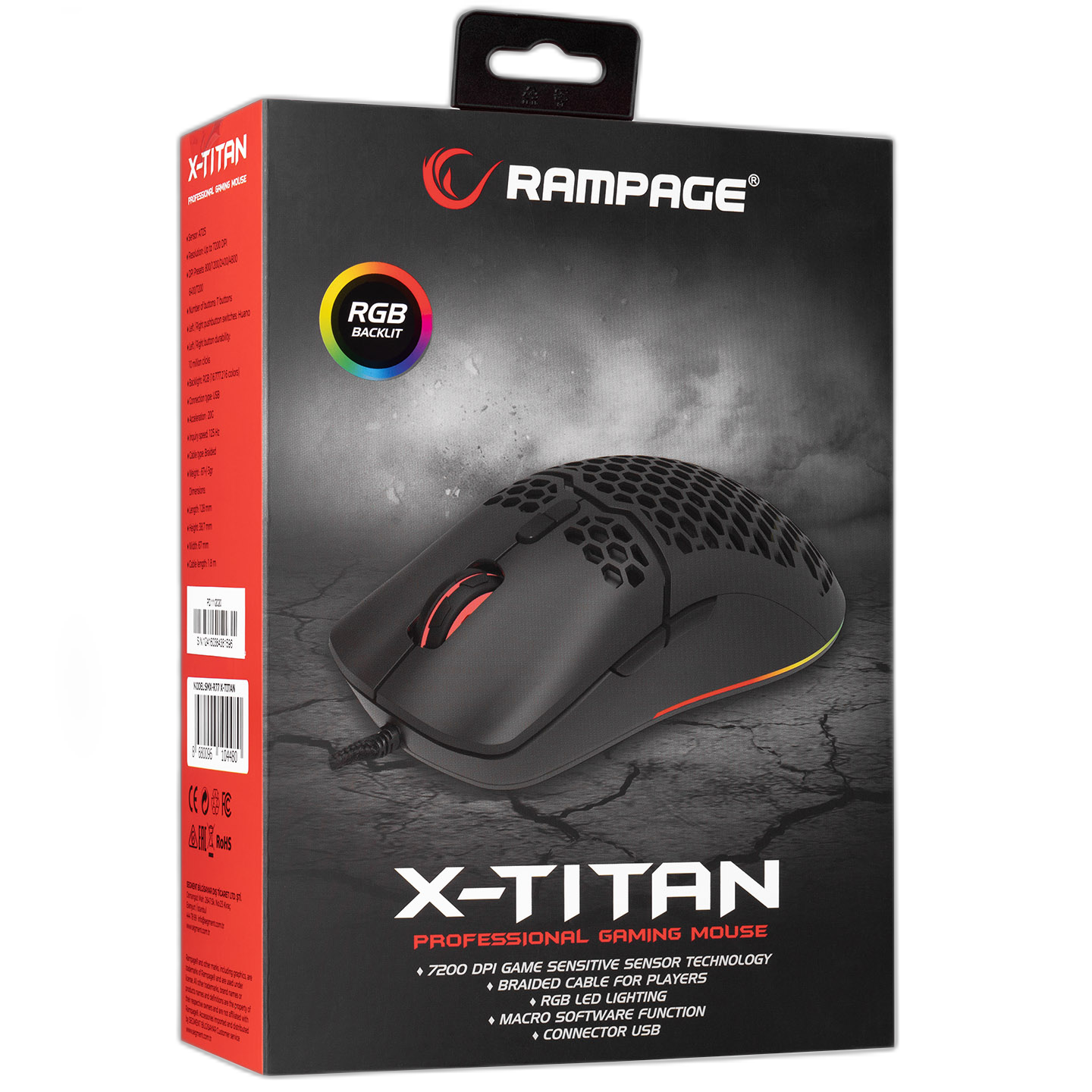 Mouse gaming Rampage SMX-R77 X-TITAN, Ultrausor 67g, Iluminare RGB, 7200 DPI, 7 Butoane, Programabil, Negru