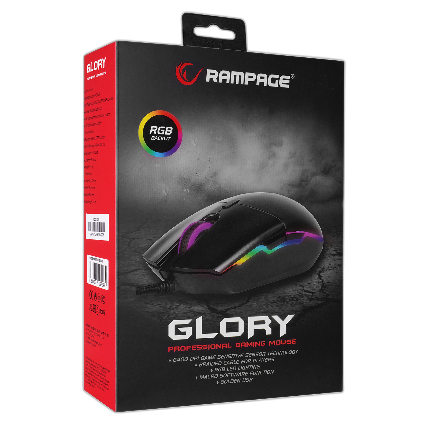 Mouse gaming Rampage SMX-R63 GLORY, Iluminare RGB, 6400 DPI, 6 Butoane, Programabil, Negru