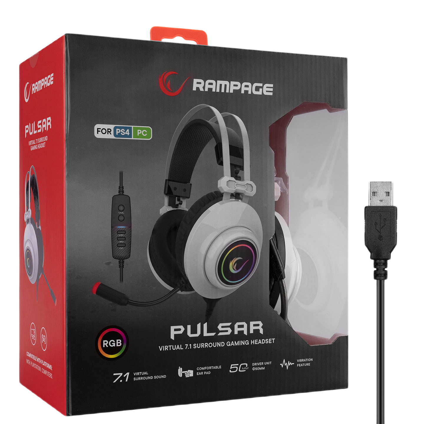 Casti Gaming Rampage RM-K1 PULSAR, Virtual 7.1 surround, Vibratii, Iluminare RGB, USB, Alb