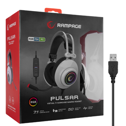 Casti Gaming Rampage RM-K1 PULSAR, Virtual 7.1 surround, Vibratii, Iluminare RGB, USB, Alb