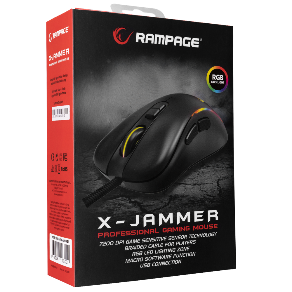 Mouse gaming Rampage SMX-R47 X-JAMMER, Iluminare RGB, 7200 DPI, 6 Butoane, Programabil,Negru