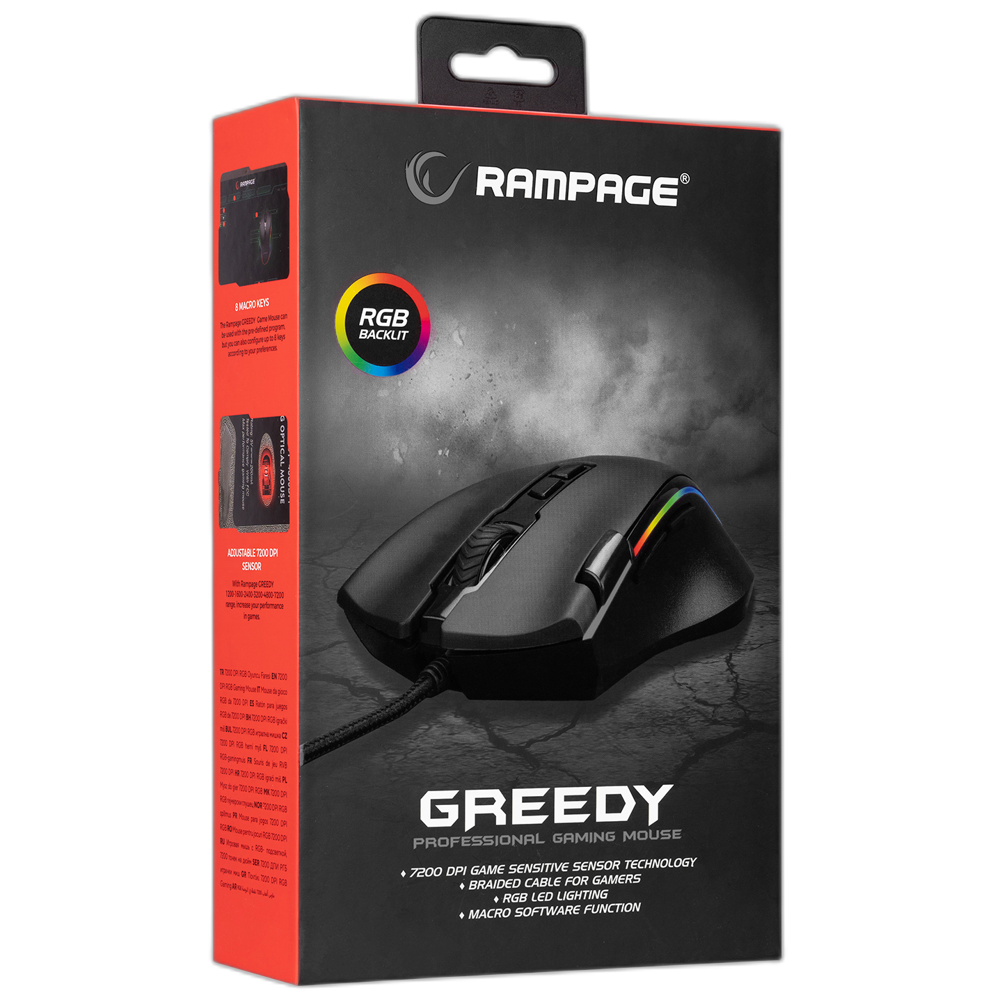 Mouse gaming Rampage SMX-G72 GREEDY, Iluminare RGB, 7200 DPI, 8 Butoane, functie dublu clic, Negru