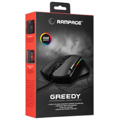 Mouse gaming Rampage SMX-G72 GREEDY, Iluminare RGB, 7200 DPI, 8 Butoane, functie dublu clic, Negru