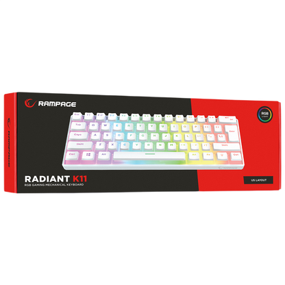 Tastatura Mecanica de Gaming Rampage RADIANT K11, Red Switches, 61 Taste, Iluminare RGB, Full Keys Anti-Ghosting, Pudding Keycaps, USB-C, Layout US, Alb