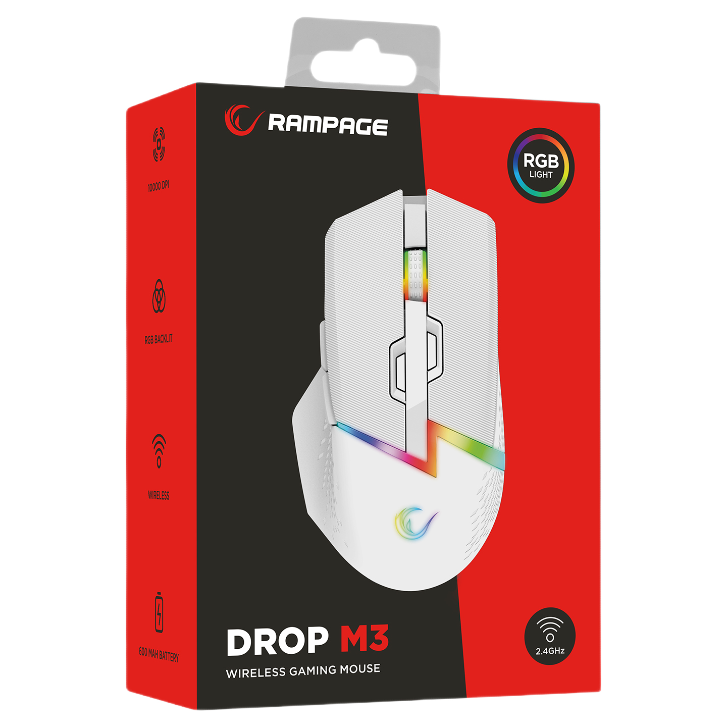 Mouse Gaming Wireless, Rampage DROP M3, Iluminare RGB, 10000 DPI, 10 Butoane, Programabil, 2.4GHz&Wired, USB-C, Alb