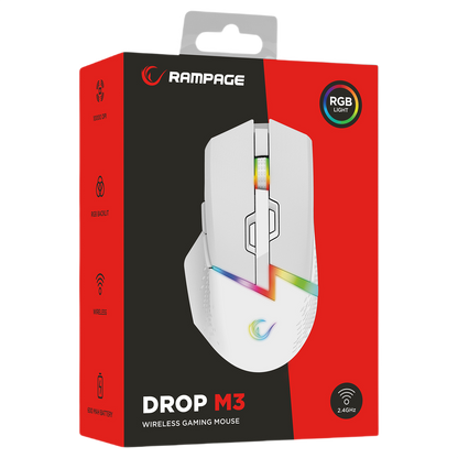 Mouse Gaming Wireless, Rampage DROP M3, Iluminare RGB, 10000 DPI, 10 Butoane, Programabil, 2.4GHz&Wired, USB-C, Alb