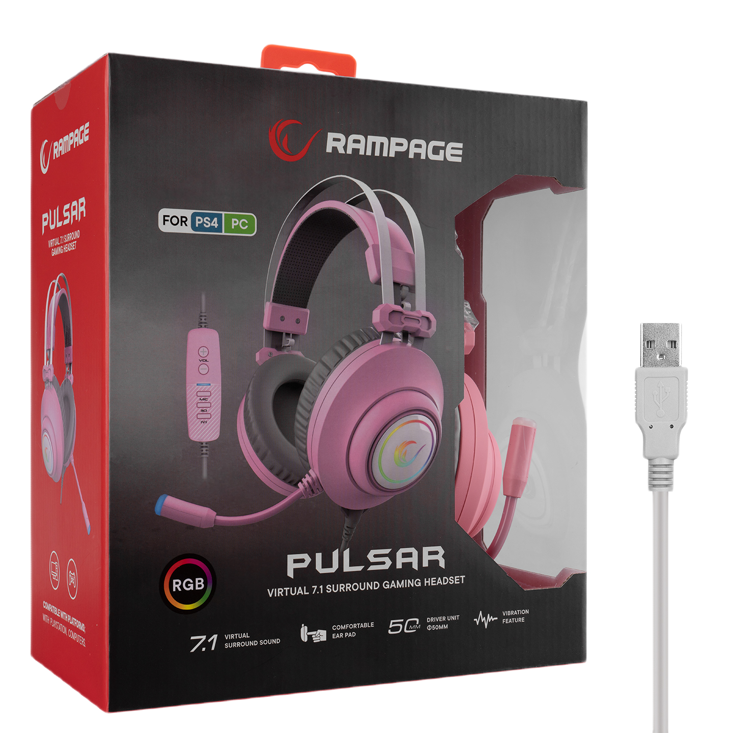 Casti Gaming Rampage RM-K1 PULSAR, Virtual 7.1 surround, Vibratii, Iluminare RGB, USB, Roz