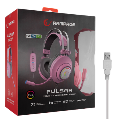 Casti Gaming Rampage RM-K1 PULSAR, Virtual 7.1 surround, Vibratii, Iluminare RGB, USB, Roz