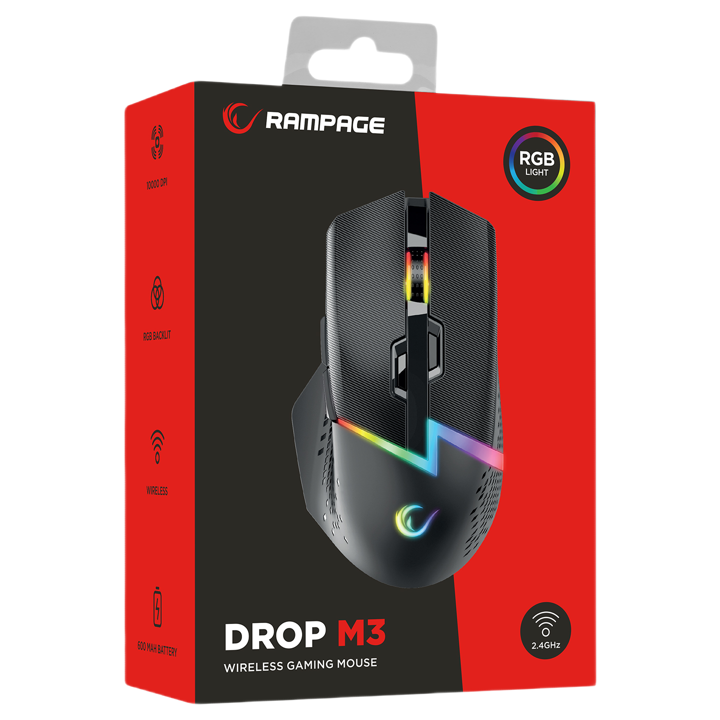 Mouse Gaming Wireless, Rampage DROP M3, Iluminare RGB, 10000 DPI, 10 Butoane, Programabil, 2.4GHz&Wired, USB-C, Negru