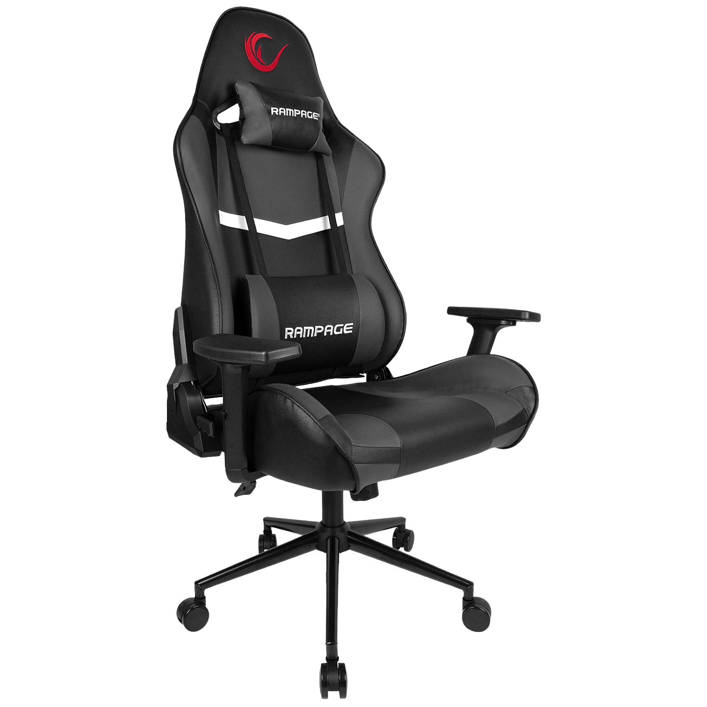 Scaun Gaming Rampage KL-R56, Piele Sintetica, Suport Lombar, Tetiera, Inaltime Ajustabila, Cotiere Reglabile (3D), Posibilitatea modificarii unghiului spatarului pana la 180 °, 120 kg, Negru