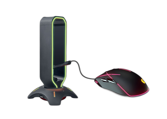 Suport Casti Rampage RM-H66 GUARD, Iluminare RGB, cu 2 porturi USB, Suport pentru cablul mouse-ului, Negru